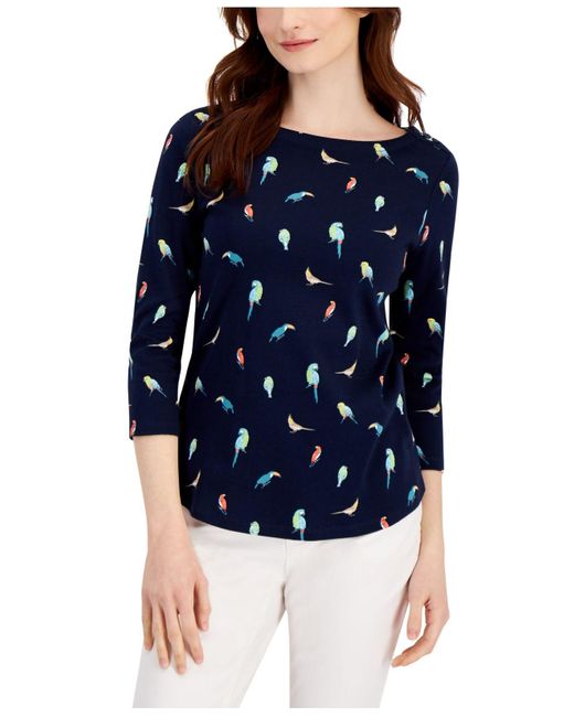 Charter Club Blue Petite Jungle Birds Cotton Boat-neck Top, Created For Macy's