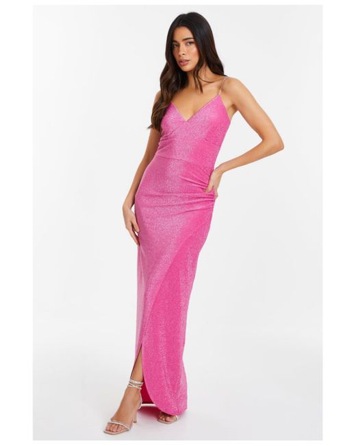 Quiz Pink Lurex Wrap Diamante Strap Maxi Dress
