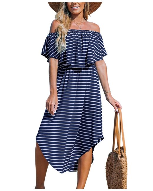 CUPSHE Blue Navy-and- Stripe Off-shoulder Flounce Bodice Midi Beach Dress