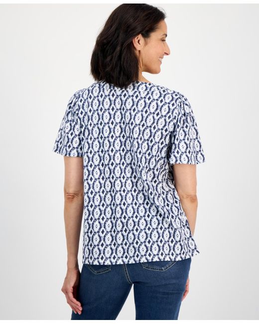 Style & Co. Blue Printed Square-neck Flutter-sleeve Top