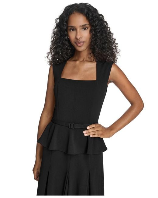 Calvin Klein Black Square-neck Belted Midi Dress