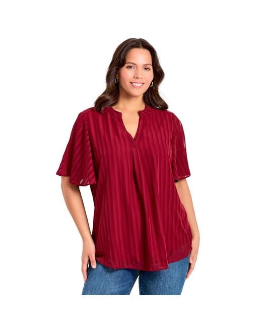 Avenue Red Plus Size Split Neck Flutter Sleeve Blouse