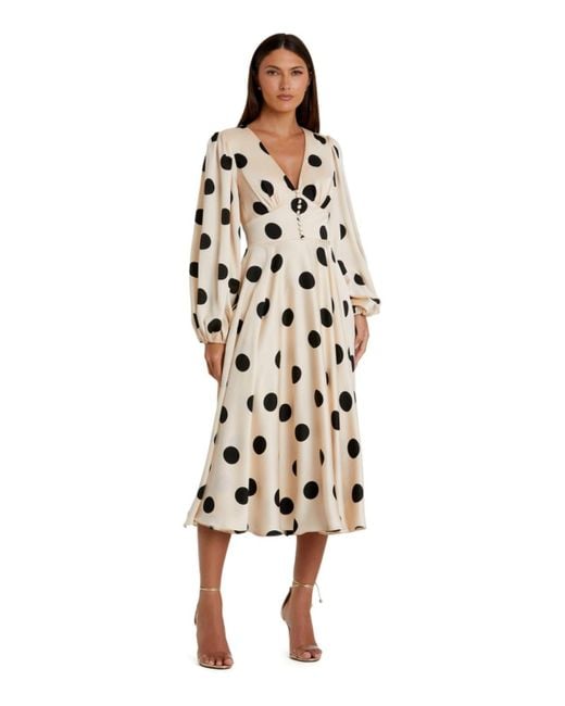 Mac Duggal White Polka Dot Charmeuse Long Sleeve V Neck Midi Dress