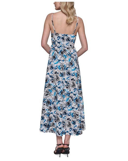 Karl Lagerfeld Blue Floral-print Lace-up Midi Dress