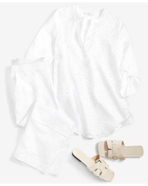 Charter Club White Linen Eyelet Top Eyelet Trim Cropped Pants Created For Macys