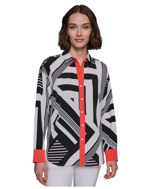 Karl Lagerfeld Red Geo-print Oversized Button-down Top