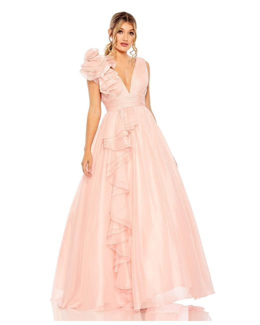 Mac Duggal Women's Pink Ruffle Shoulder V-neck Chiffon Gown