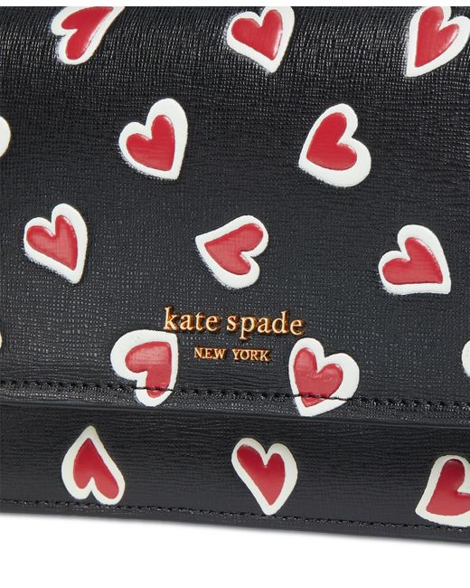 Kate Spade Black Morgan Stencil Hearts Embossed Printed Saffiano Leather Flap Chain Wallet