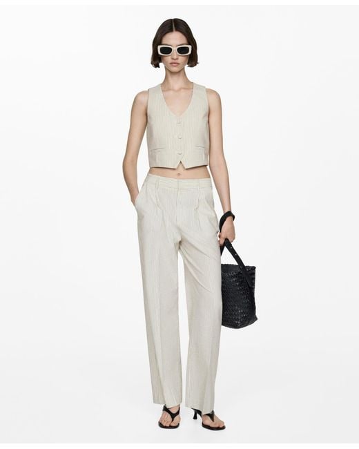 Mango White Straight Striped Pants