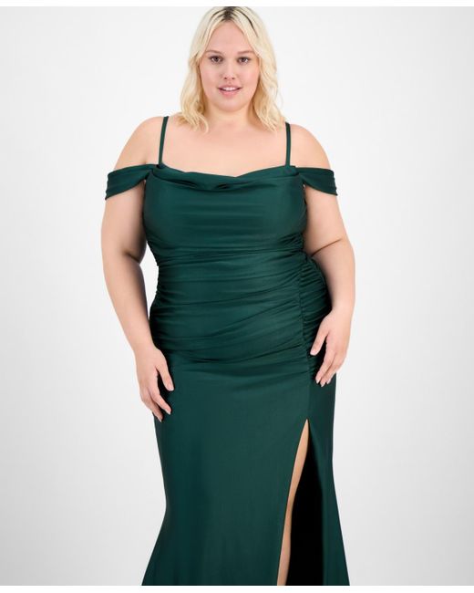 B Darlin Green Trendy Plus Size Ruched Cold-shoulder Gown