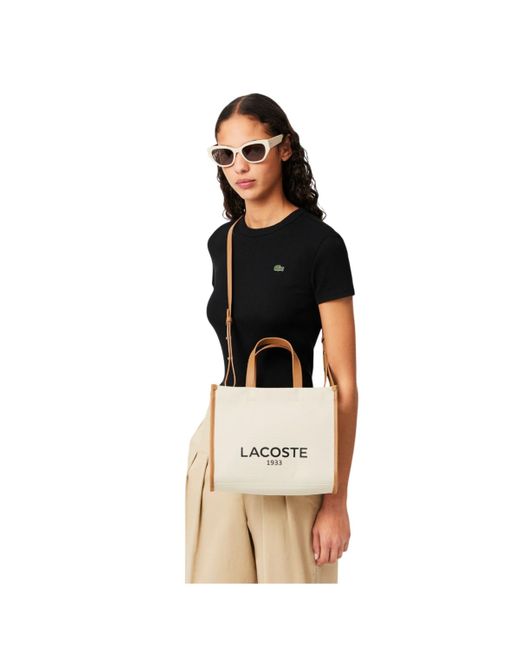 Lacoste White Canvas Top Handle Tote Bag