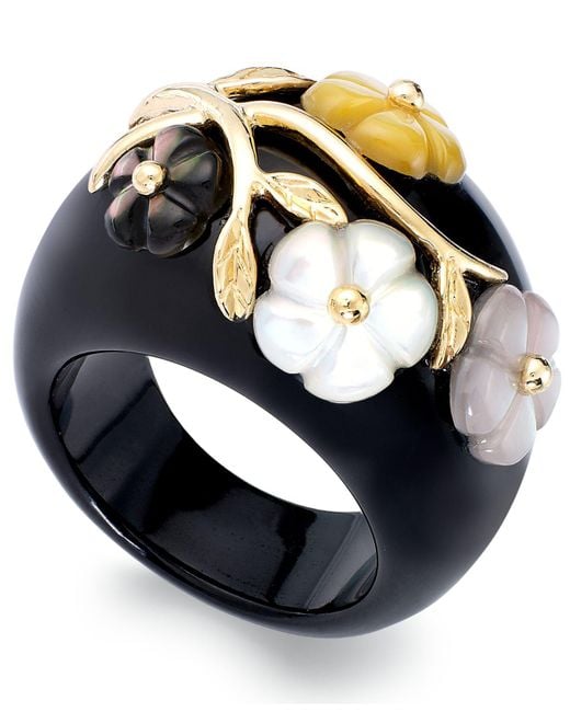 Macy's Black Onyx And Multicolored Mother Of Pearl (8mm) Flower Ring In 14k Gold Over Sterling Silver