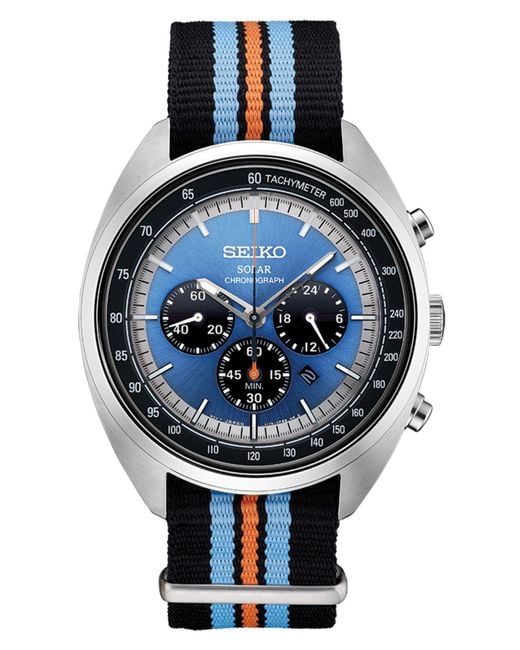 Seiko Men's Solar Chronograph Recraft Series Black, Orange & Blue Nylon Strap Watch 43.5mm for men