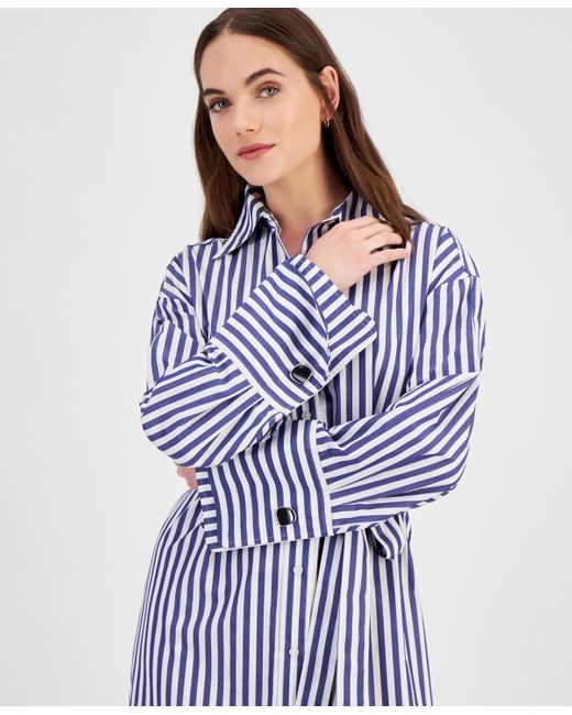 HUGO Blue Striped Long-sleeve Cotton Shirtdress