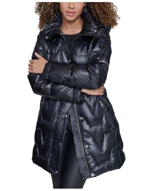 Karl Lagerfeld Blue Tie-waist Hooded Puffer Coat