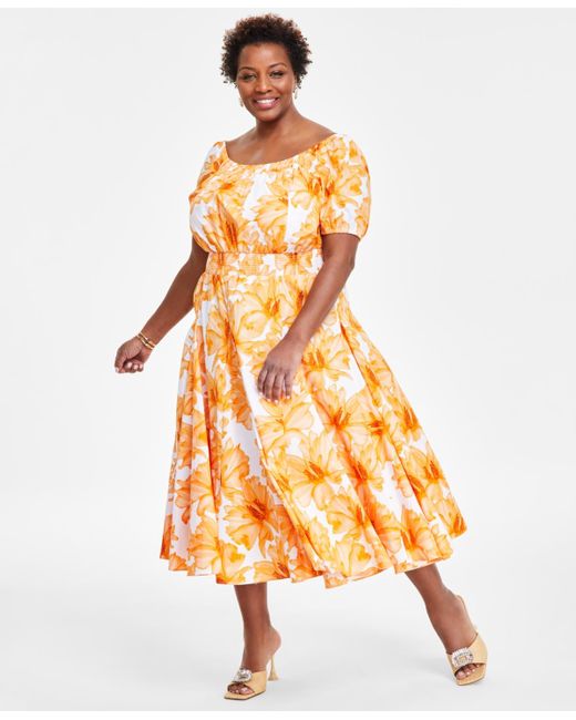 INC International Concepts Orange Plus Size Floral-print Smocked Midi Dress