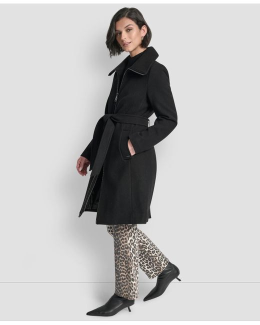 DKNY Black Collared Neck Belted Coat