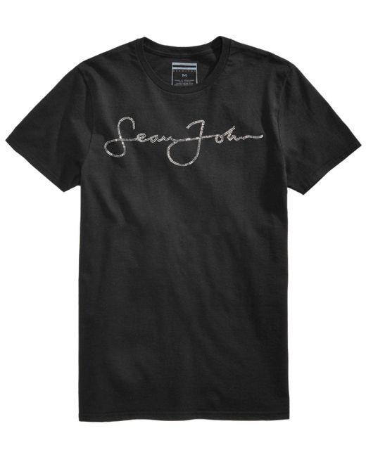 Sean John Black Signature Script Rhinestone Logo T-shirt, Created For Macy's for men