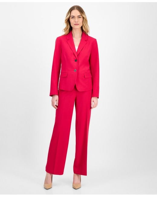 Le Suit Red Crepe Two-button Jacket & Pull-on Pantsuit
