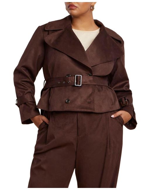 Eloquii Brown Plus Size Cropped Faux Suede Trench Jacket