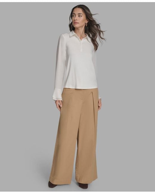 BCBGMAXAZRIA Multicolor Long Sleeve Ruffle-cuff Collared Top