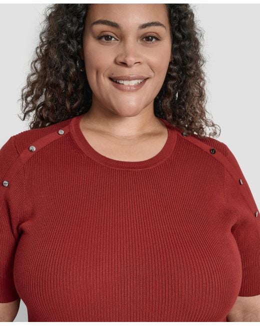 DKNY Red Plus Size Short-sleeve Button-detail Sweater