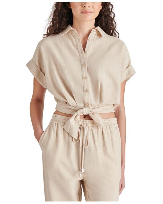 Steve Madden Natural Tori Tie-front Button-down Elastic-waist Cropped Top