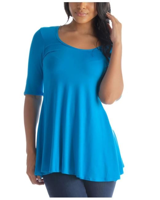 24seven Comfort Apparel Blue Elbow Sleeve Swing Tunic Top