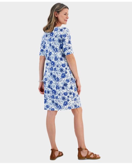 Style & Co. Blue Printed Boat-neck Elbow Sleeve Dress