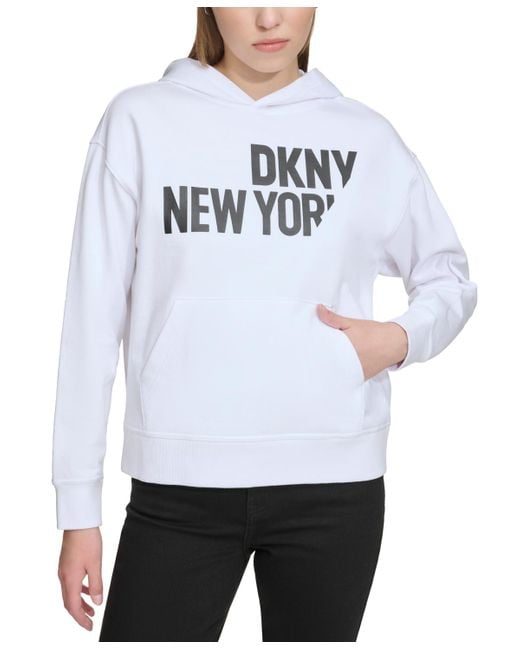 DKNY White Sliced Logo Print Cotton Hoodie