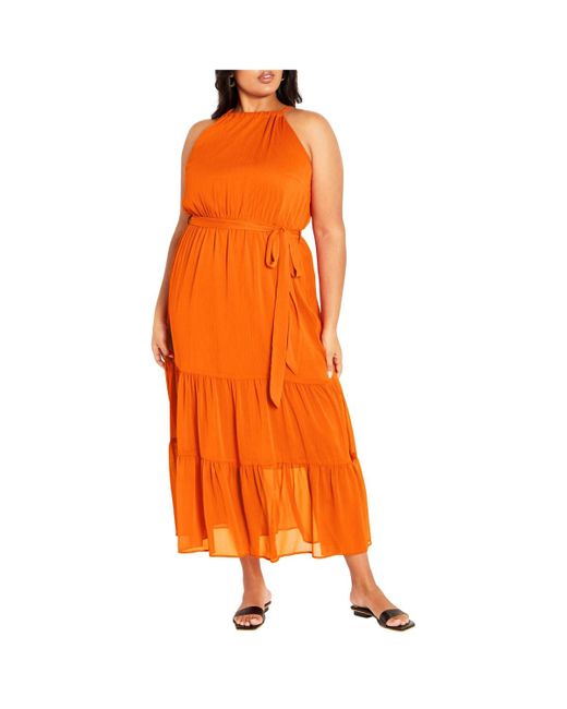 City Chic Orange Plus Size Callie Tie Waist Tier Maxi Dress
