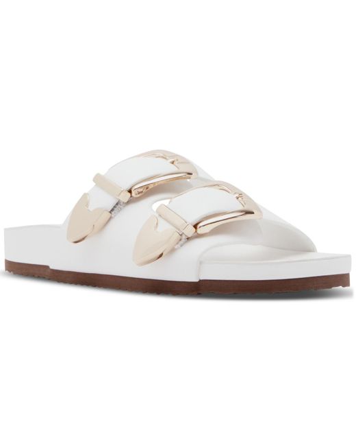 Madden Girl White Bandero Double-buckled Footbed Slide Sandals