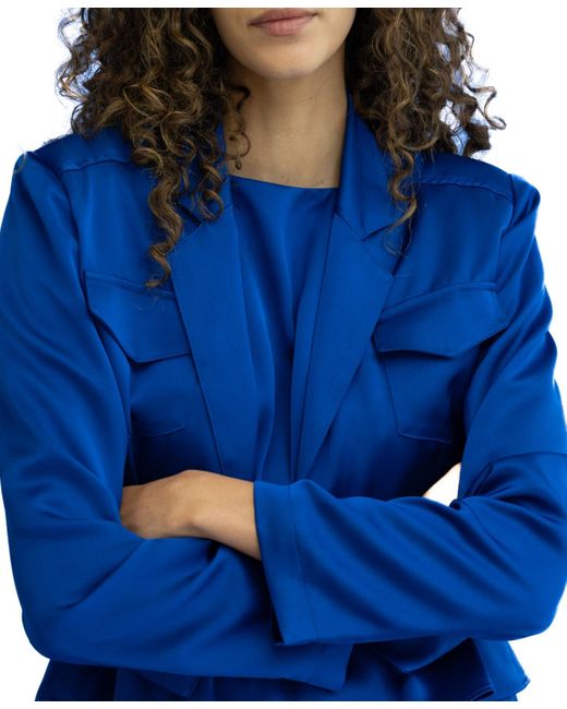 Adrienne Landau Blue Crop Flap-pocket Long-sleeve Blazer