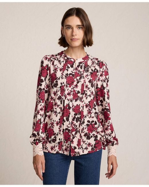 Lands' End Red Lightweight Jersey Long Sleeve Button Front Pintuck Top
