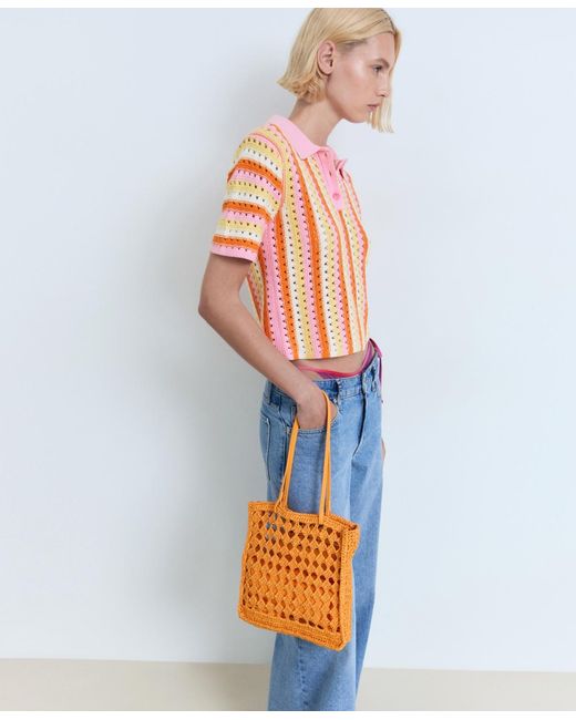 Mango White Striped Openwork Knit Sweater