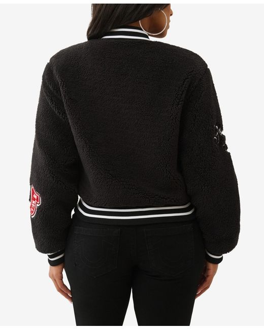 True Religion Black Varsity Chenille Bomber Jacket