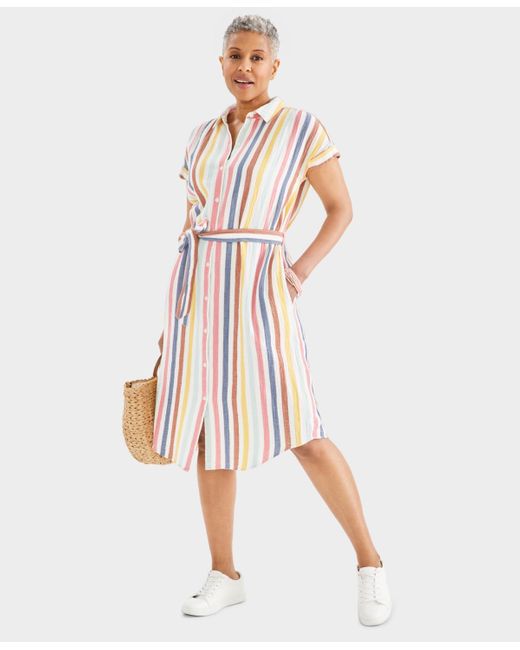 Style & Co. White Striped Cotton Gauze Short-sleeve Shirt Dress