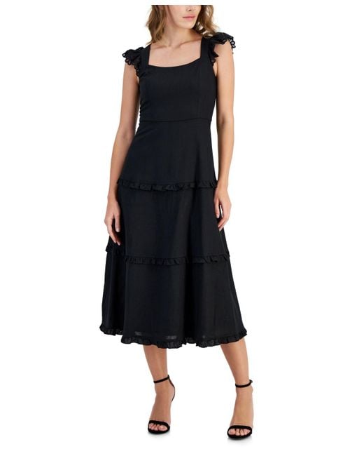 Anne Klein Black Ruffle-trimmed Tiered Midi Dress