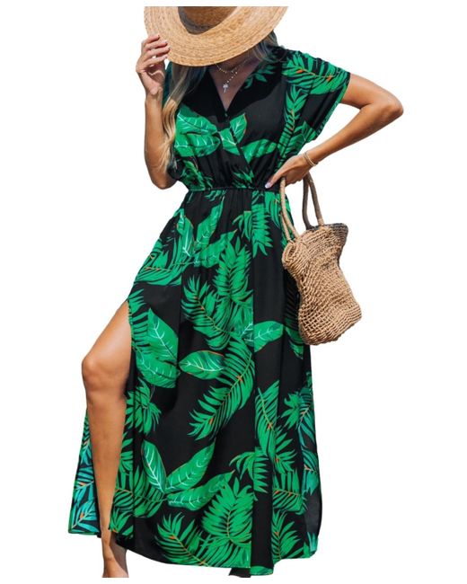 CUPSHE Green Tropical Leaf Short Sleeve Split Maxi Beach Dress