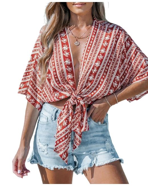 CUPSHE Red Open Front Tie-waist Boho Cover-up Top