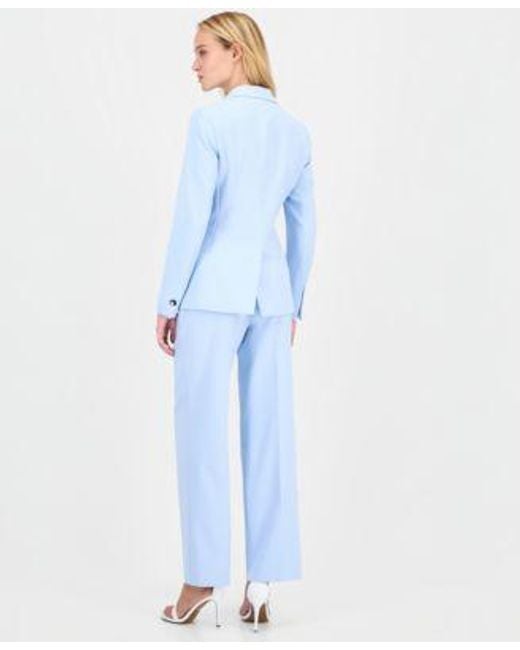 Anne Klein Blue Notch Collar One Button Jacket Printed Boat Neck Short Sleeve Top High Rise Wide Leg Pants