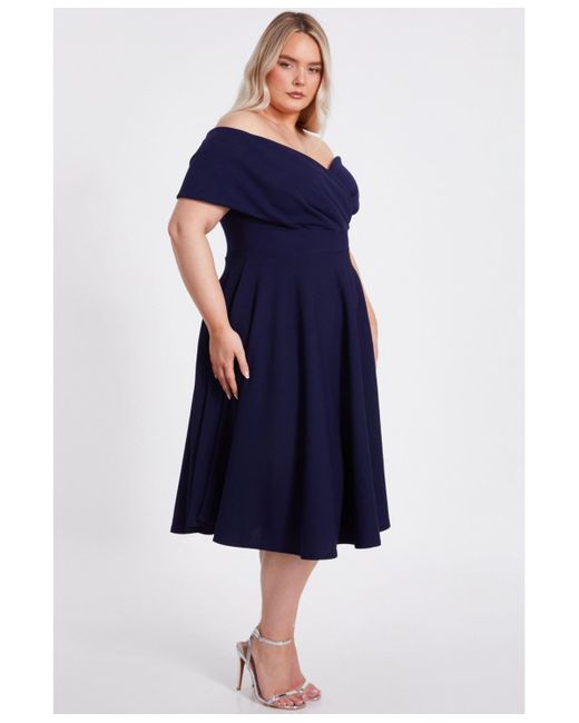 Quiz Blue Plus Size Scuba Crepe Bardot Wrap Midi Skater Dress