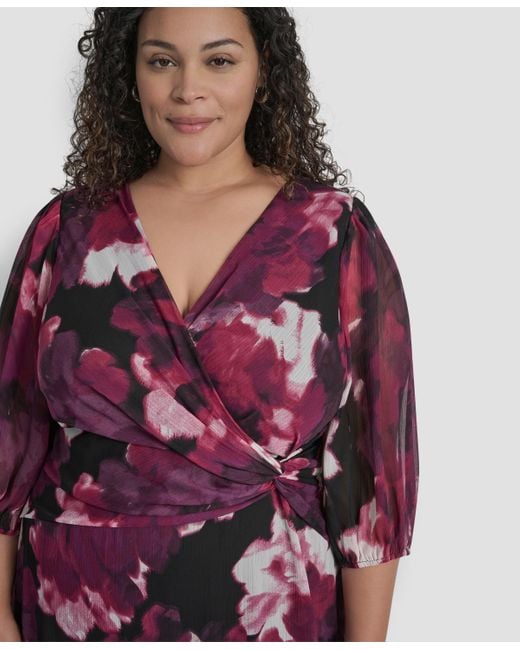DKNY Red Plus Size Bubble Sleeve Surplice Neck Front Knot Midi Dress