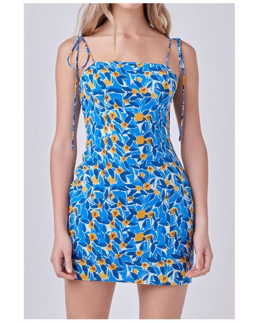 Endless Rose Floral Print Textured Fitted Mini Dress in Blue | Lyst
