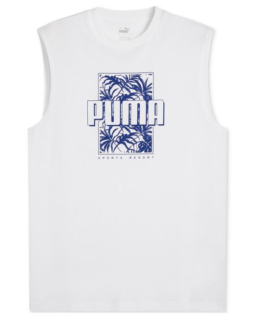PUMA Blue Ess+ Palm Resort Logo Graphic Sleeveless T-shirt for men