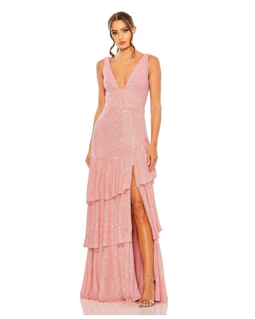 Mac Duggal Pink Ieena Sequin Asymmetrical Ruffle Tiered Gown