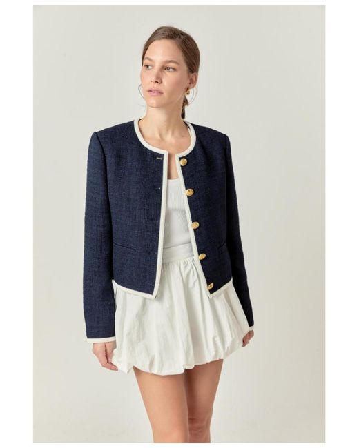 English Factory Blue Collarless Tweed Jacket