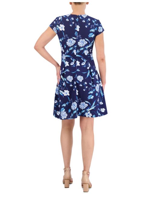 Jessica Howard Blue Petite Floral-print Cap-sleeve Dress
