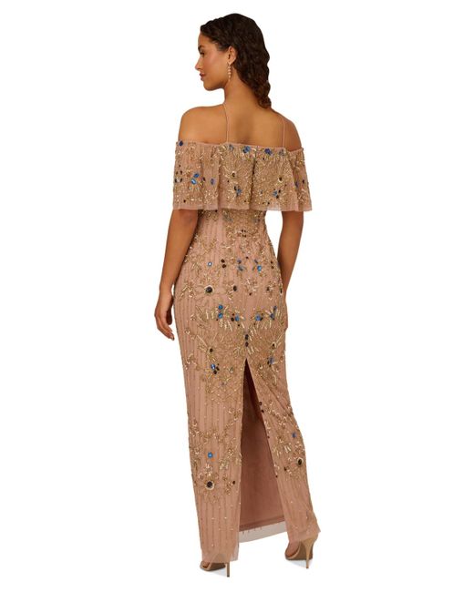 Adrianna Papell Brown Beaded Mesh Cold-shoulder Gown