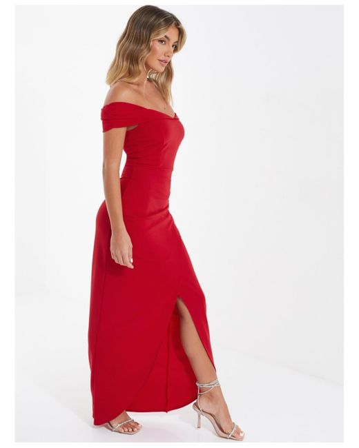 Quiz Red Scuba Crepe Bardot Maxi Dress